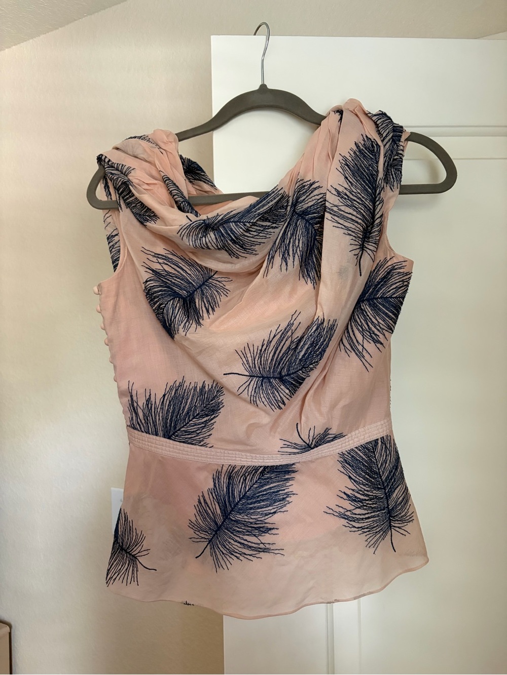 Byron Lars Peach Sleeveless 100% Cotton Cowl Neck Top with Navy Feather Print